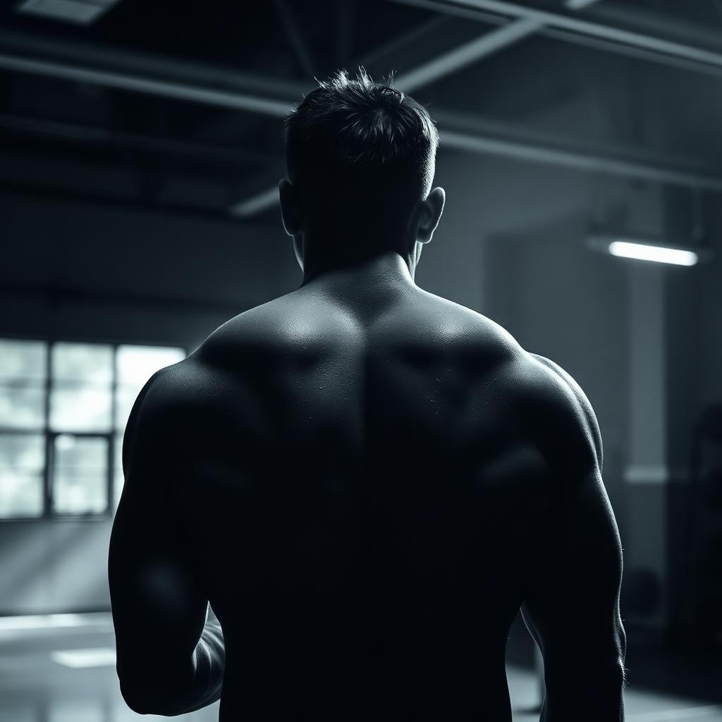 Espalda de atleta en un gimnasio industrial oscuro