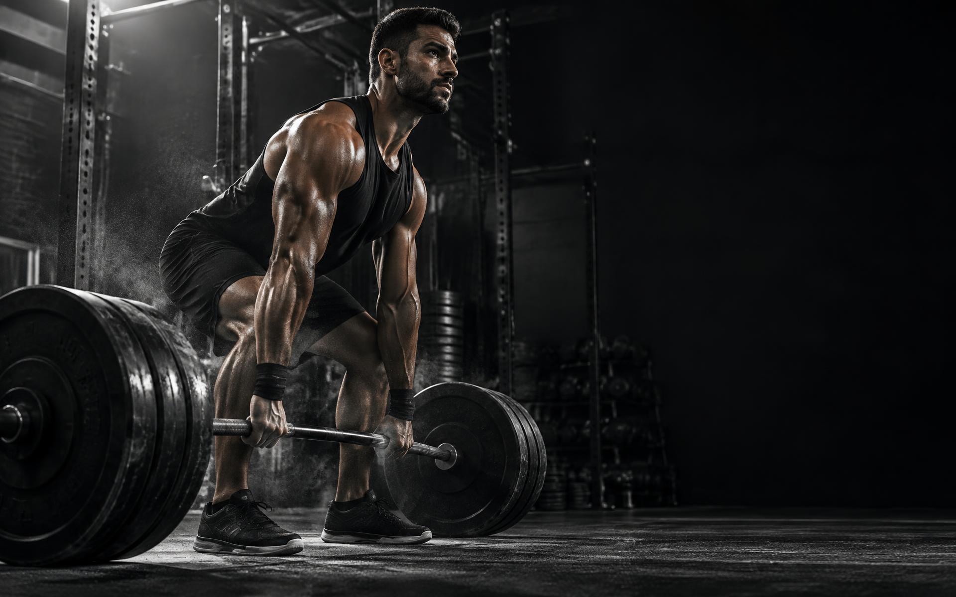 Atleta levantando una barra en un gimnasio industrial oscuro